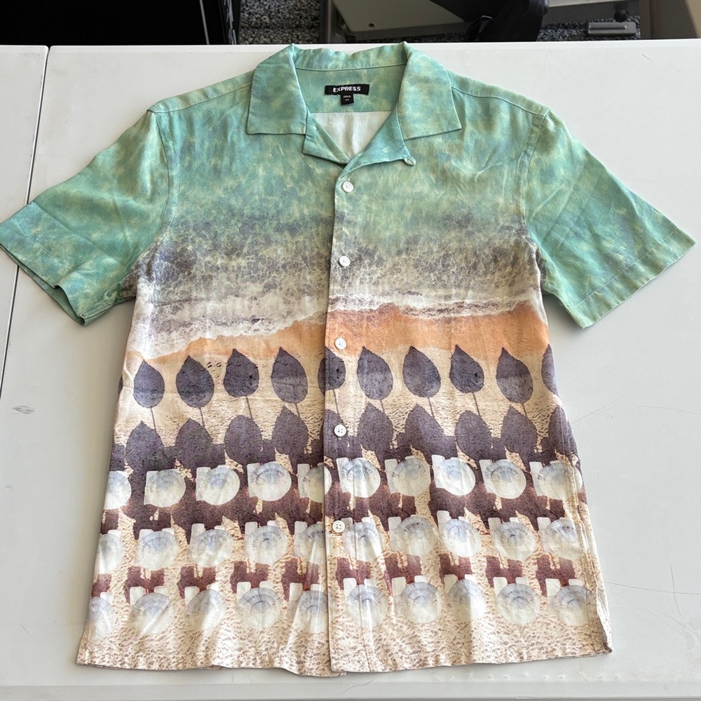 Express Green and Tan Casual Button Down Shirt